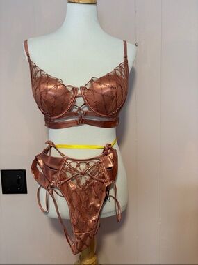 Honey Birdette Metallic Rose-gold push-up plunge bra and high waist Brazilian